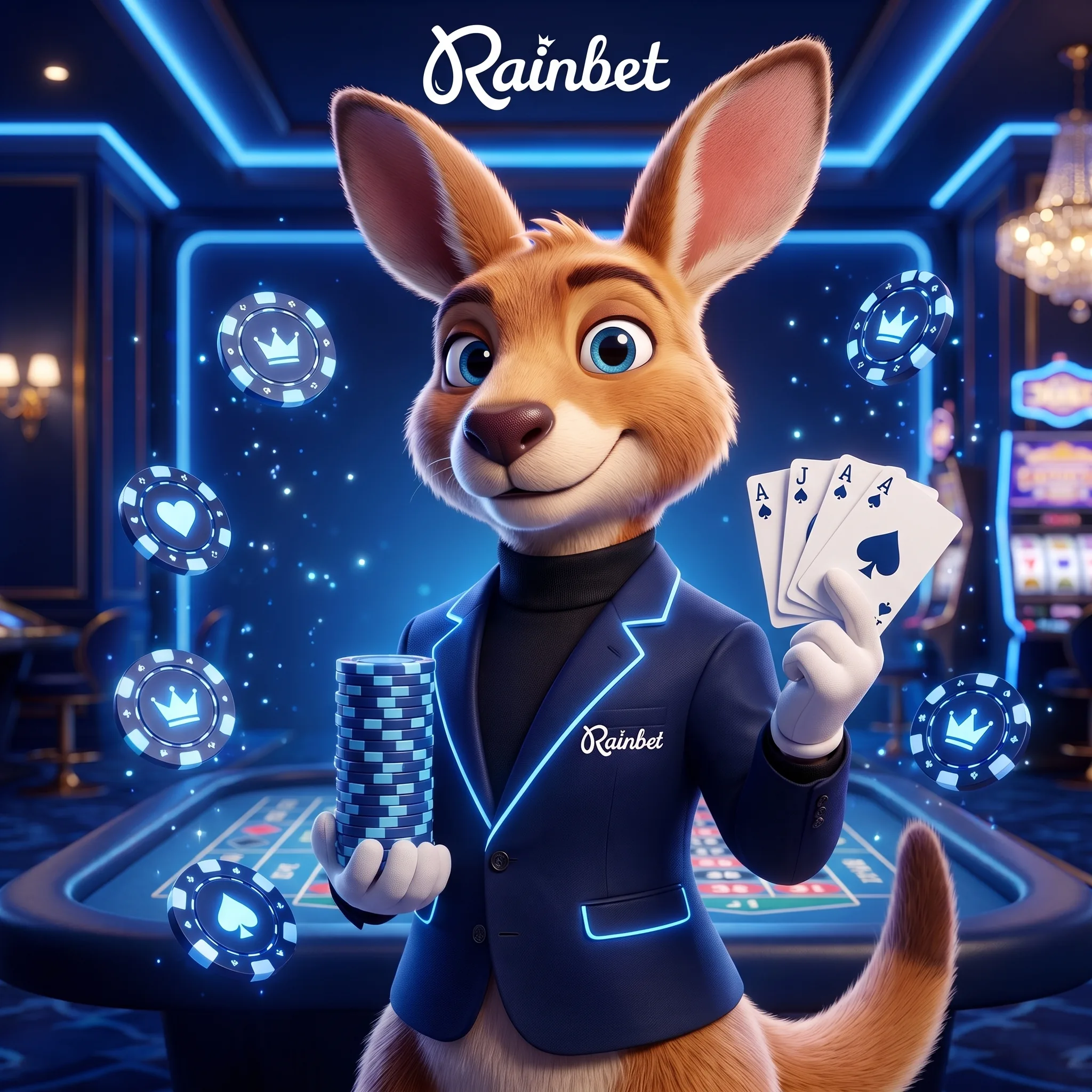 Rainbet kangaroo holding casino cards and chips